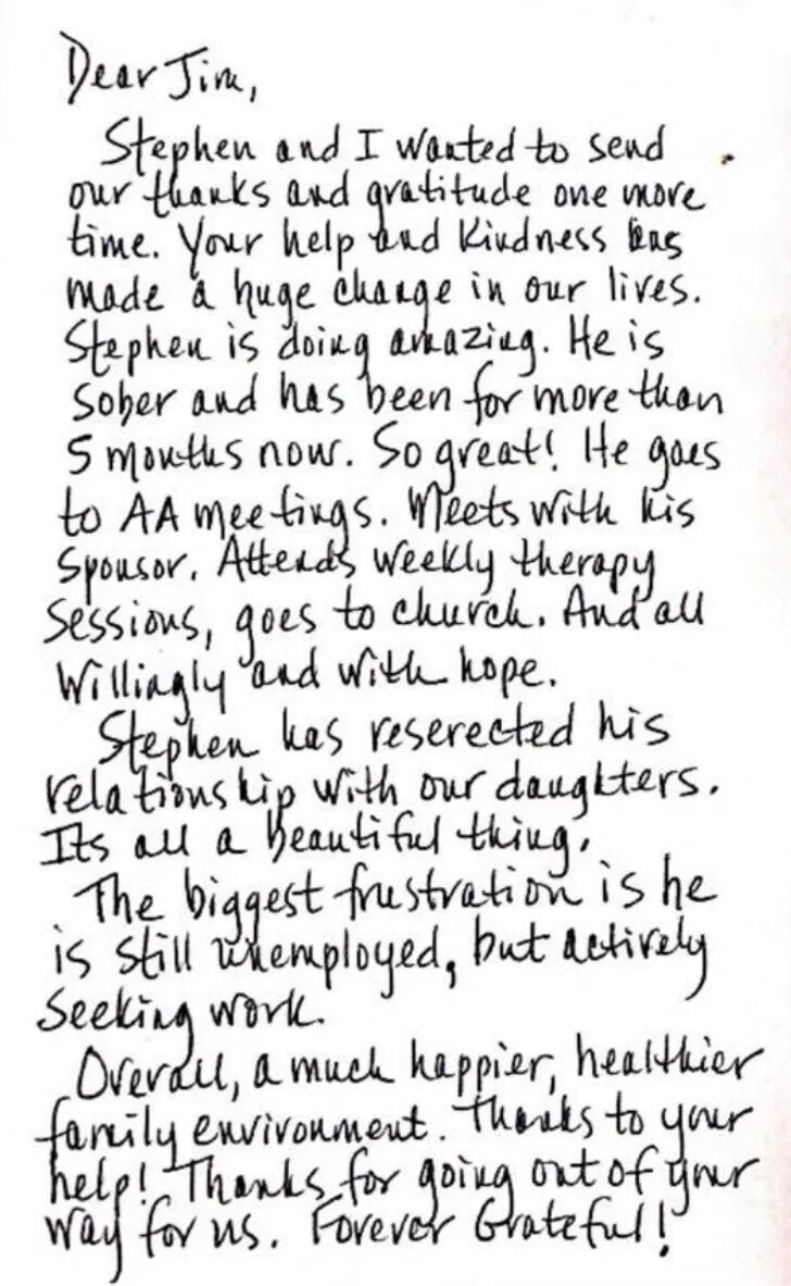 Handwritten thank-you note about sobriety and recovery